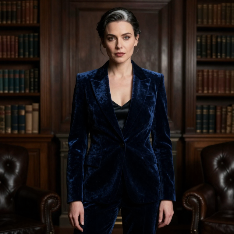 AI-generated portrait of a fictional adult woman with silver-streaked dark hair in an updo wearing a midnight-blue velvet tailored jacket in a wood-panelled private library, produced with EliteBio